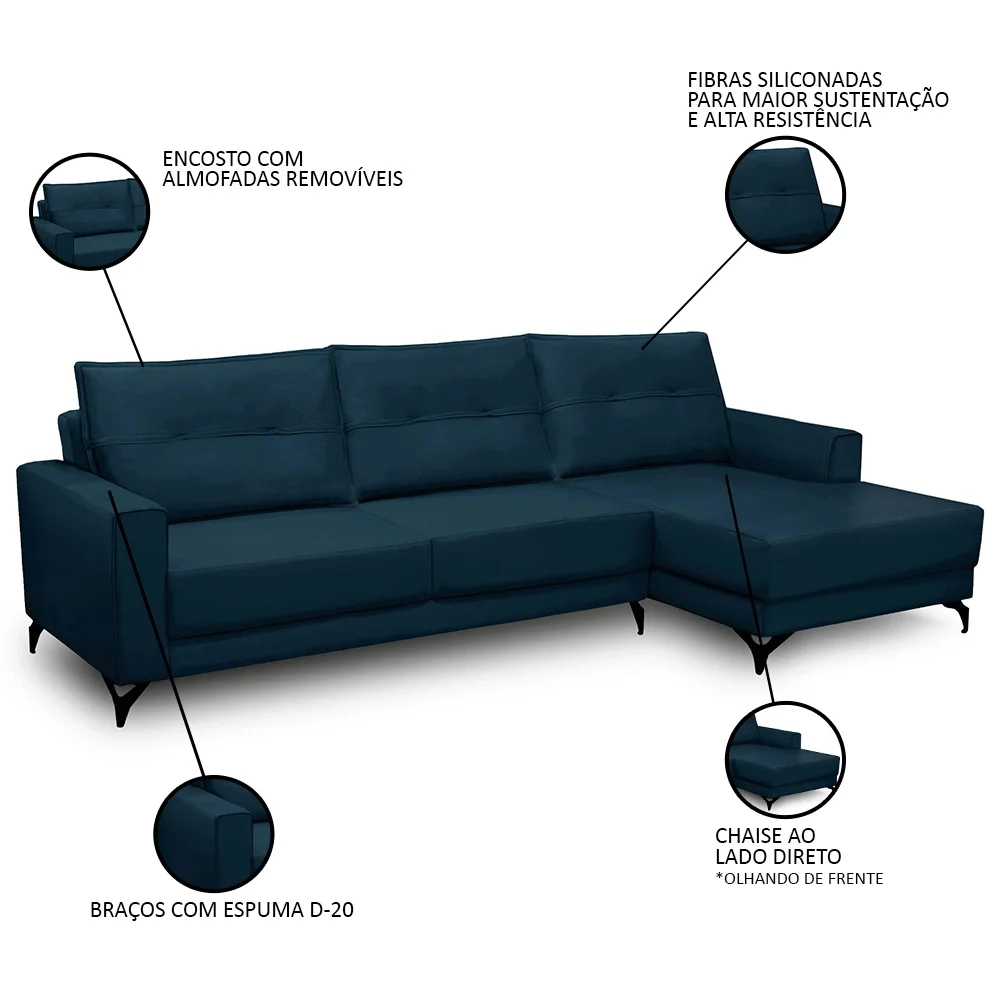 Sofá 4 Lugares com Chaise Direito 285cm Soreh F05 Veludo Azul - Mpozenato