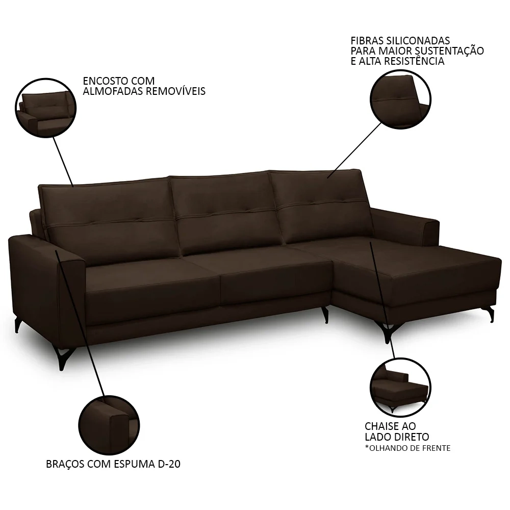 Sofá 4 Lugares com Chaise Direito 285cm Soreh F05 Veludo Marrom - Mpozenato