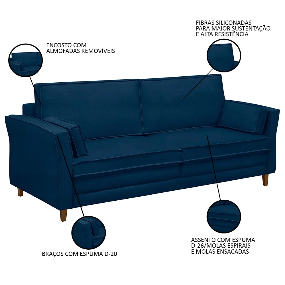 Sofá Living 3 Lugares 180cm Pés Madeira Efraim F05 Veludo Azul - Mpozenato