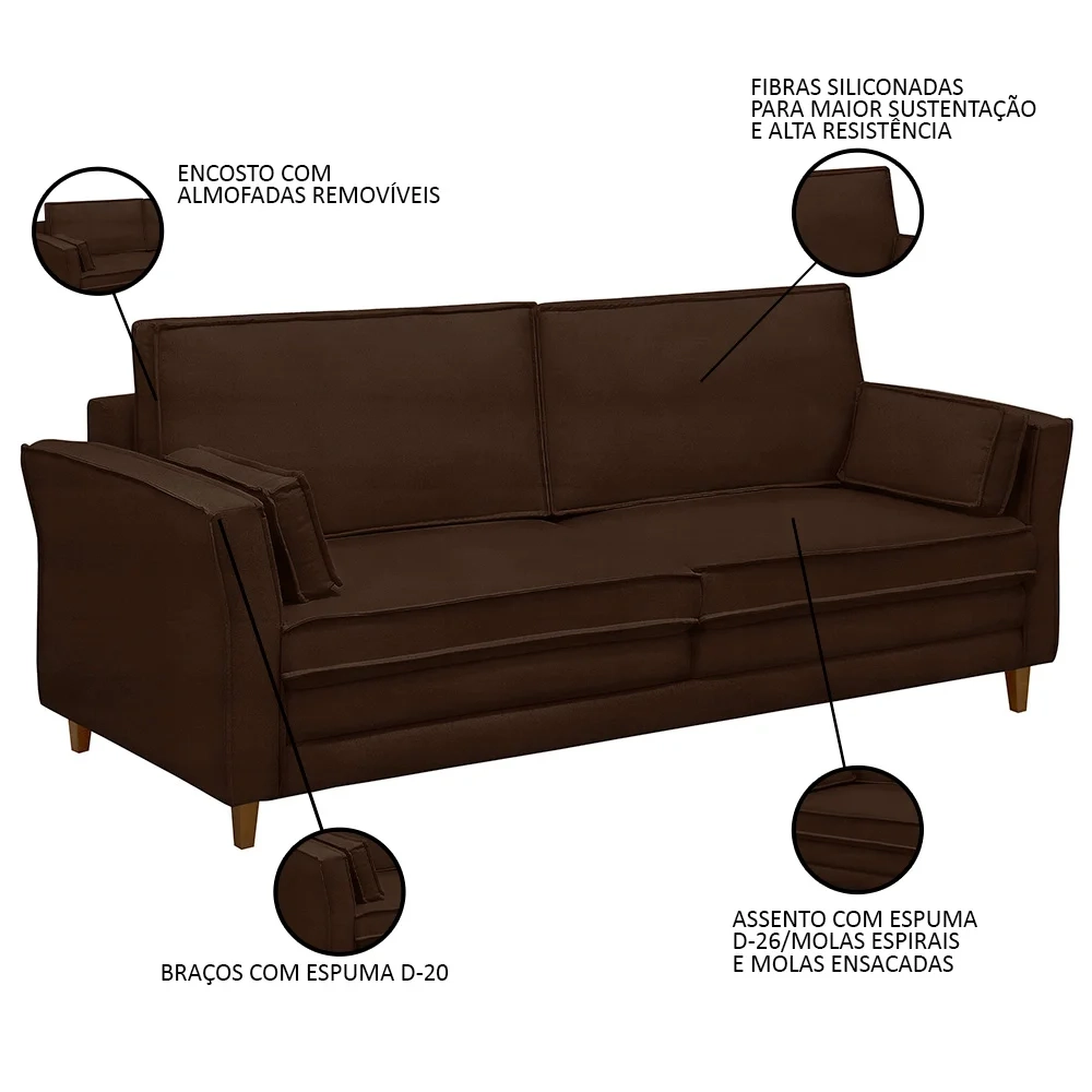 Sofá Living 3 Lugares 180cm Pés Madeira Efraim F05 Veludo Marrom - Mpozenato