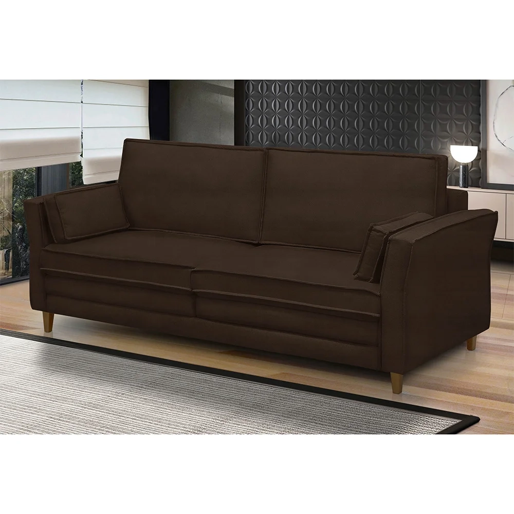 Sofá Living 3 Lugares 180cm Pés Madeira Efraim F05 Veludo Marrom - Mpozenato