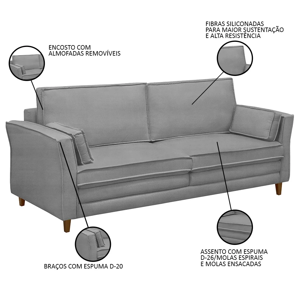 Sofá Living 3 Lugares 180cm Pés Madeira Efraim F05 Veludo Prata - Mpozenato