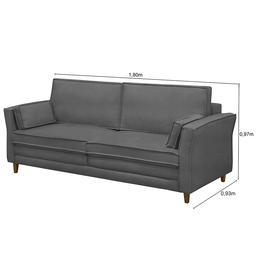 Sofá Living 3 Lugares 180cm Pés Madeira Efraim F05 Veludo Grafite - Mpozenato