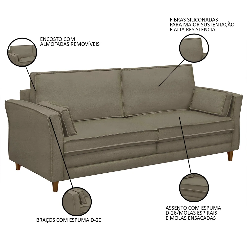 Sofá Living 3 Lugares 220cm Pés Madeira Efraim F05 Veludo Castor - Mpozenato