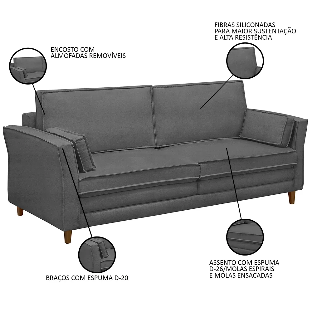 Sofá Living 3 Lugares 220cm Pés Madeira Efraim F05 Veludo Grafite - Mpozenato