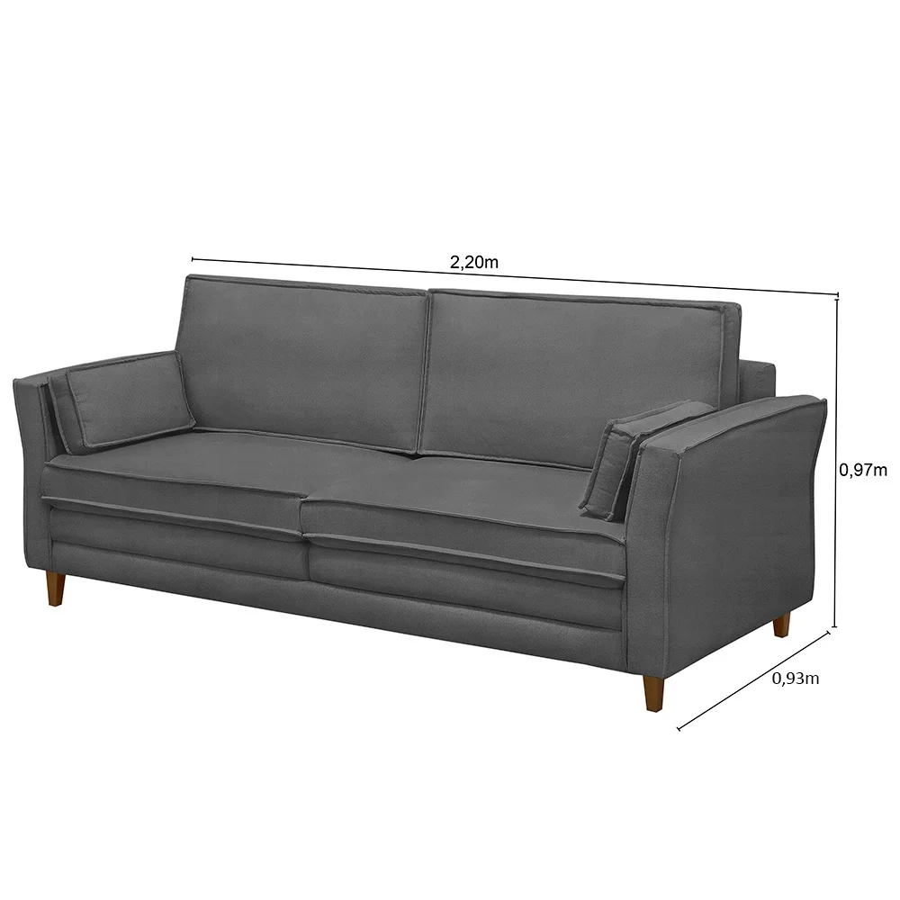 Sofá Living 3 Lugares 220cm Pés Madeira Efraim F05 Veludo Grafite - Mpozenato