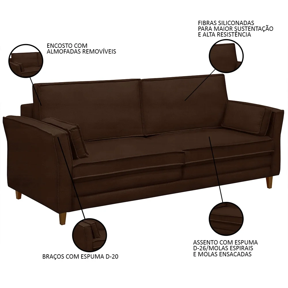 Sofá Living 3 Lugares 220cm Pés Madeira Efraim F05 Veludo Marrom - Mpozenato