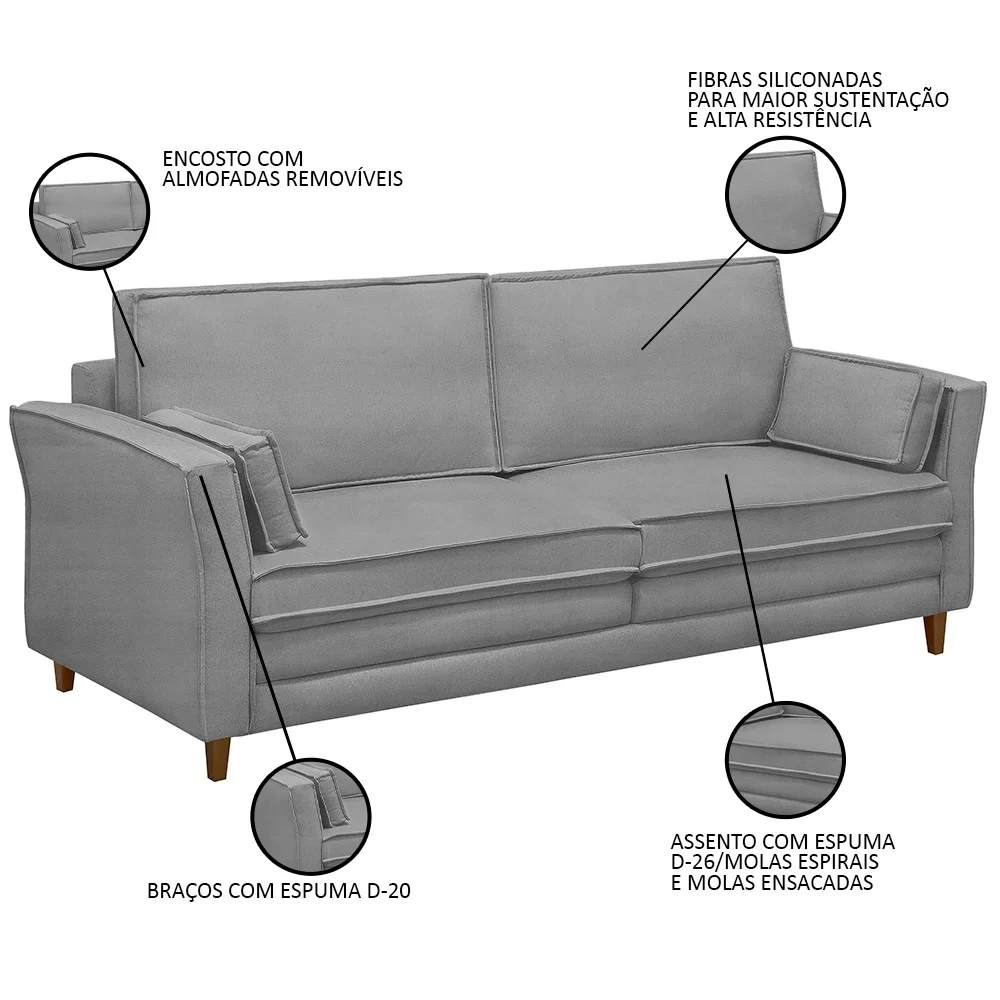Sofá Living 3 Lugares 220cm Pés Madeira Efraim F05 Veludo Prata - Mpozenato