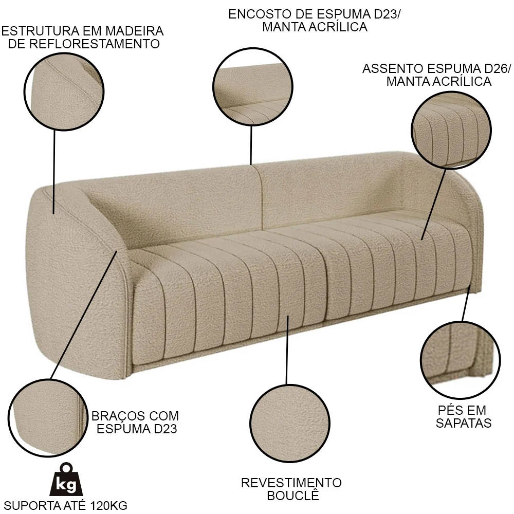 Sofá Living Decorativo 4 Lugares 332cm Meris Z32 Boucle Bege - Mpozenato