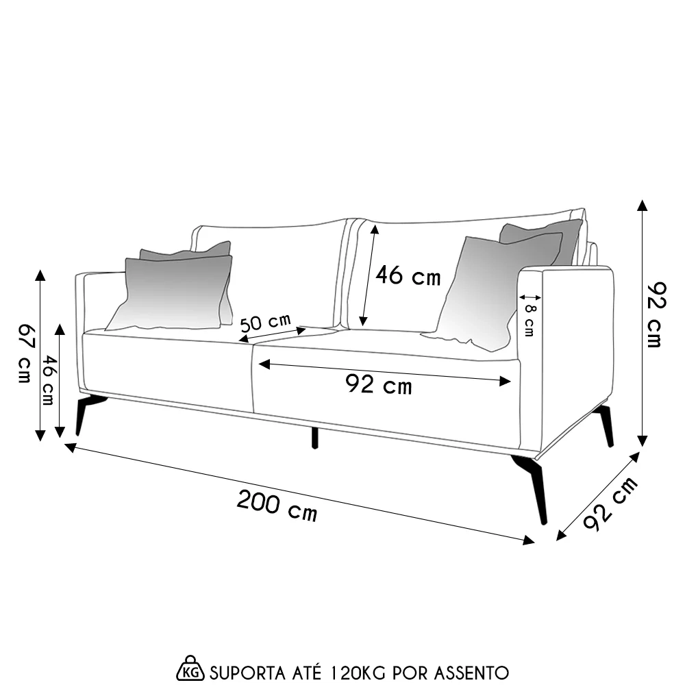 Sofá 3 Lugares 200cm Pés de Metal Vecchia S06 Linho Areia - Mpozenato