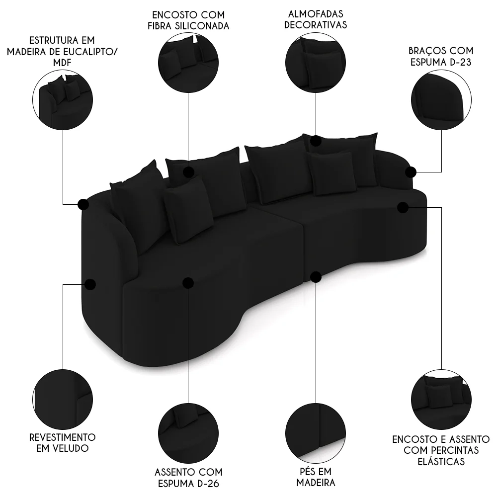 Sofá 3 Lugares 210cm Orgânico Quito Z08 Veludo Preto  - Mpozenato