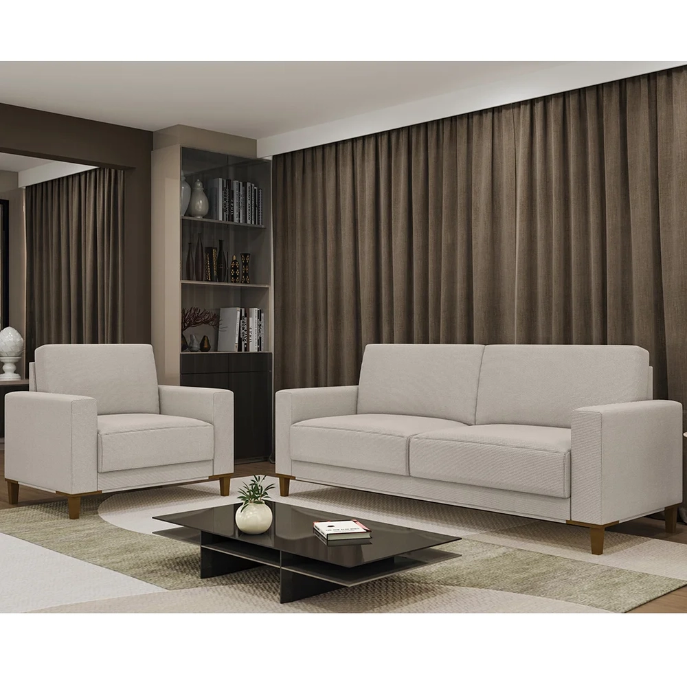 Sofá 3 Lugares 214cm Com 02 Poltronas Zaire Z32 Linho Areia    - Mpozenato