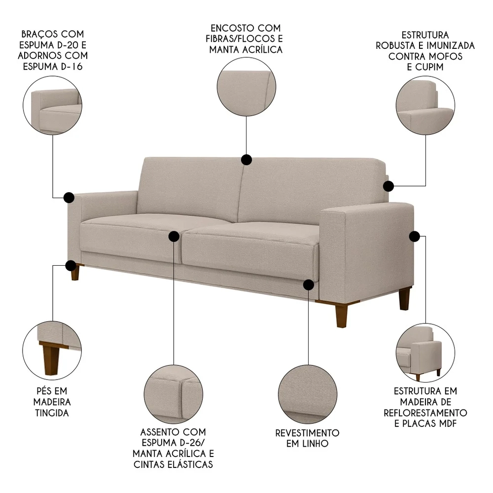 Sofá 3 Lugares 214cm Com 02 Poltronas Zaire Z32 Linho Areia    - Mpozenato