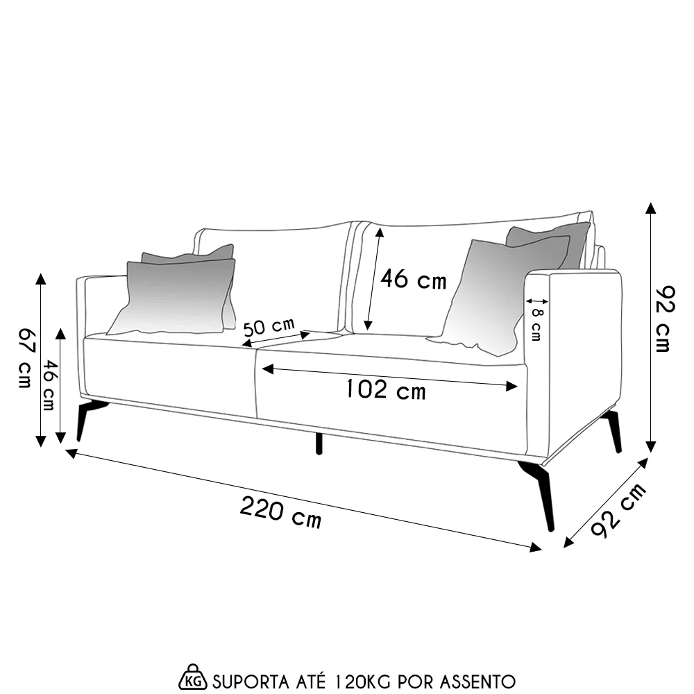 Sofá 3 Lugares 220cm Pés de Metal Vecchia S06 Linho Areia - Mpozenato