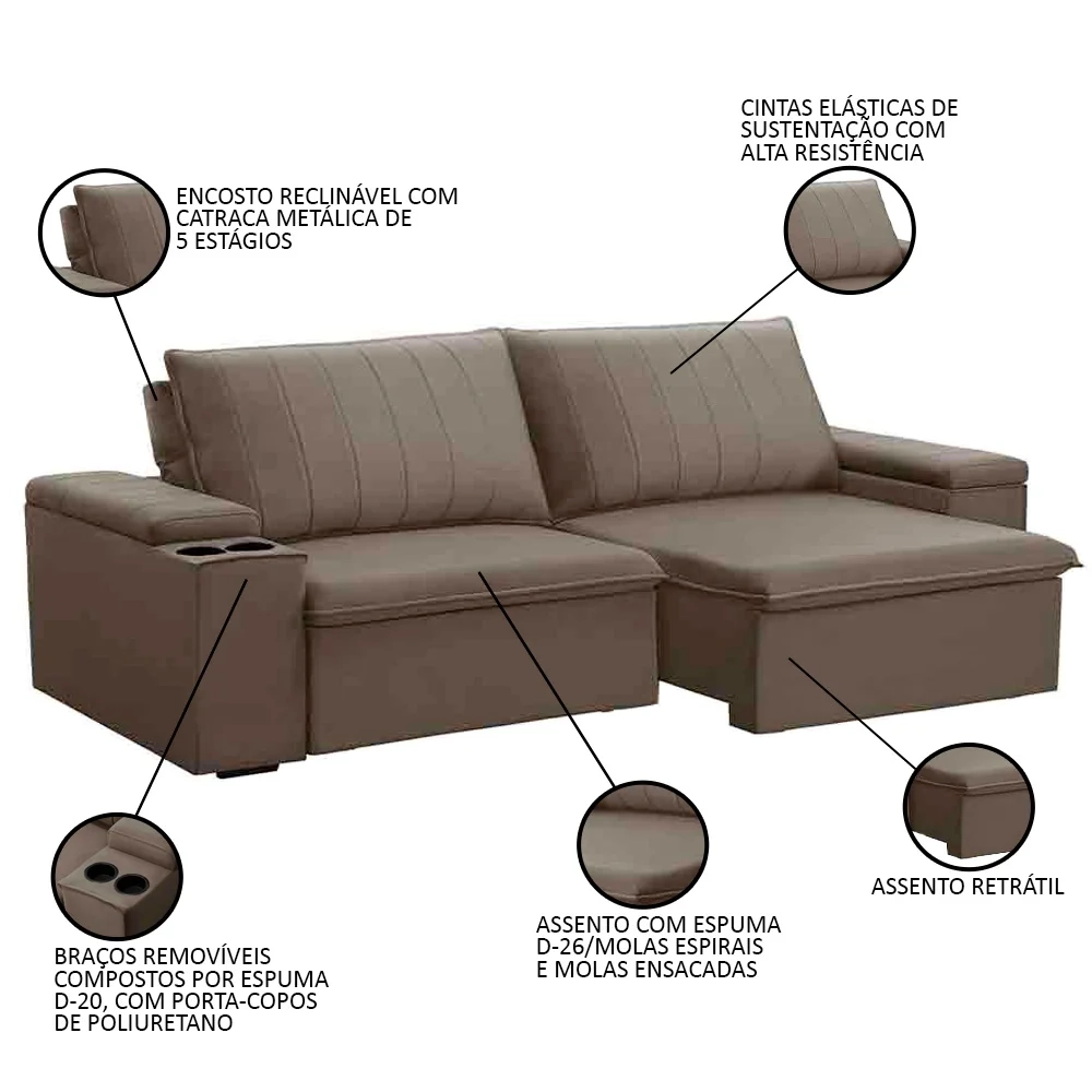 Sofá Retrátil Reclinável 3 Lugares 225cm Baluart F05 Veludo Castor - Mpozenato