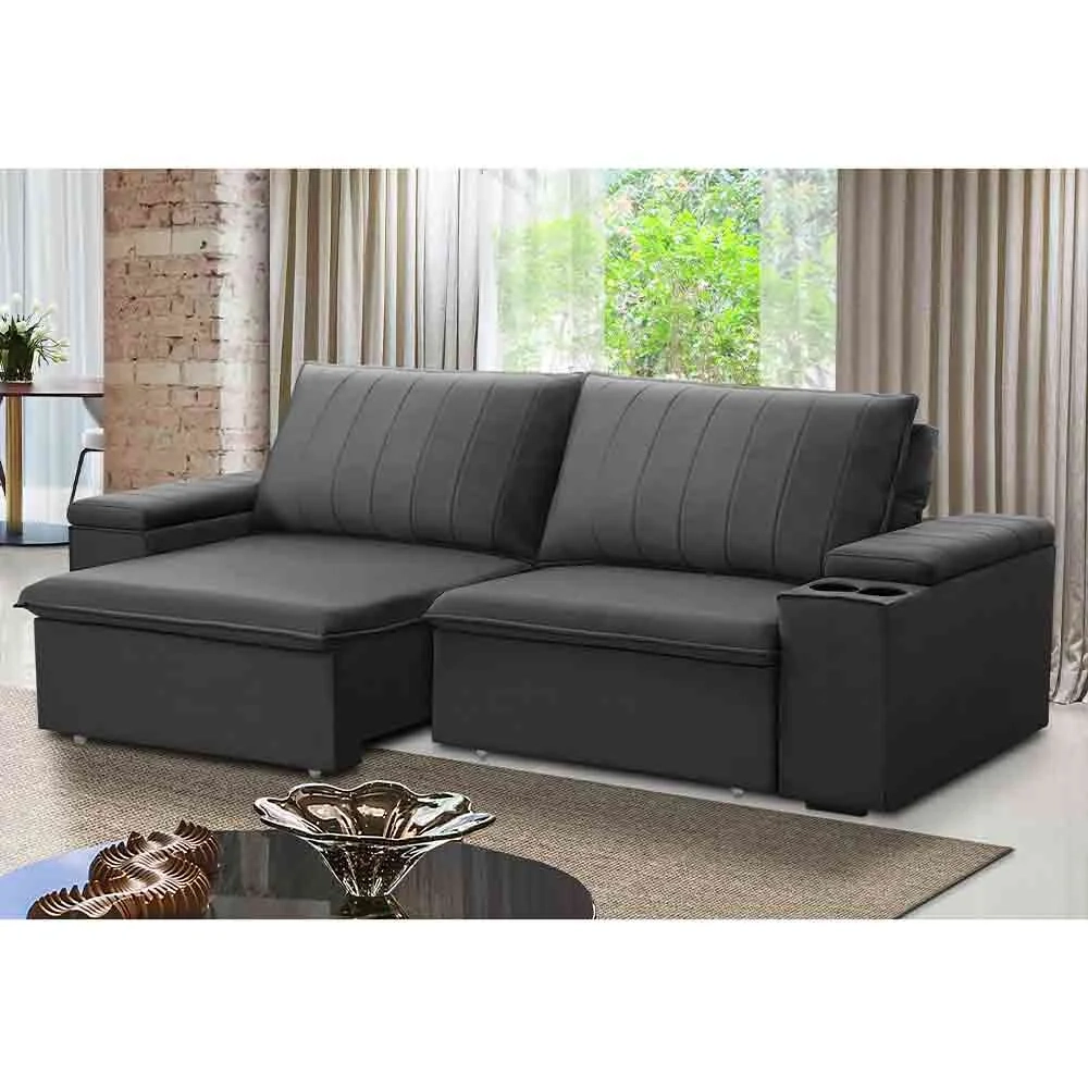 Sofá Retrátil Reclinável 3 Lugares 225cm Baluart F05 Veludo Grafite - Mpozenato