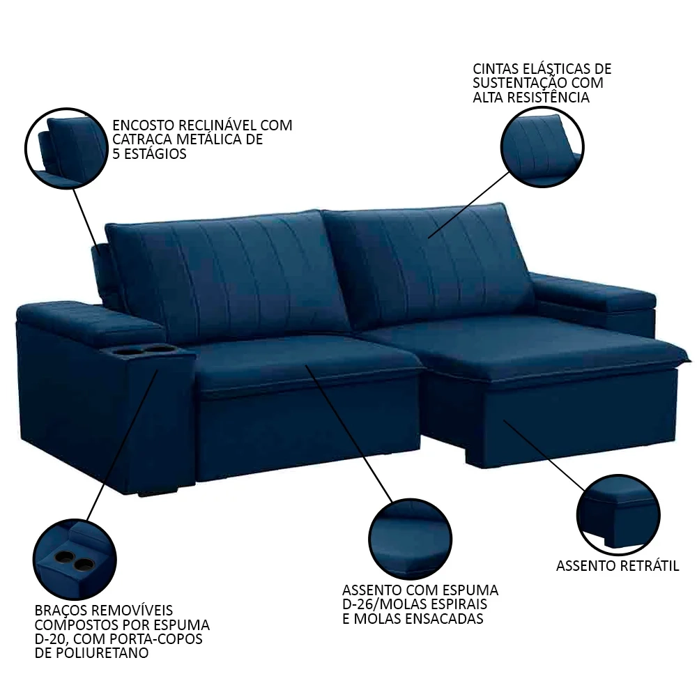 Sofá Retrátil Reclinável 3 Lugares 225cm Baluart F05 Veludo Azul - Mpozenato