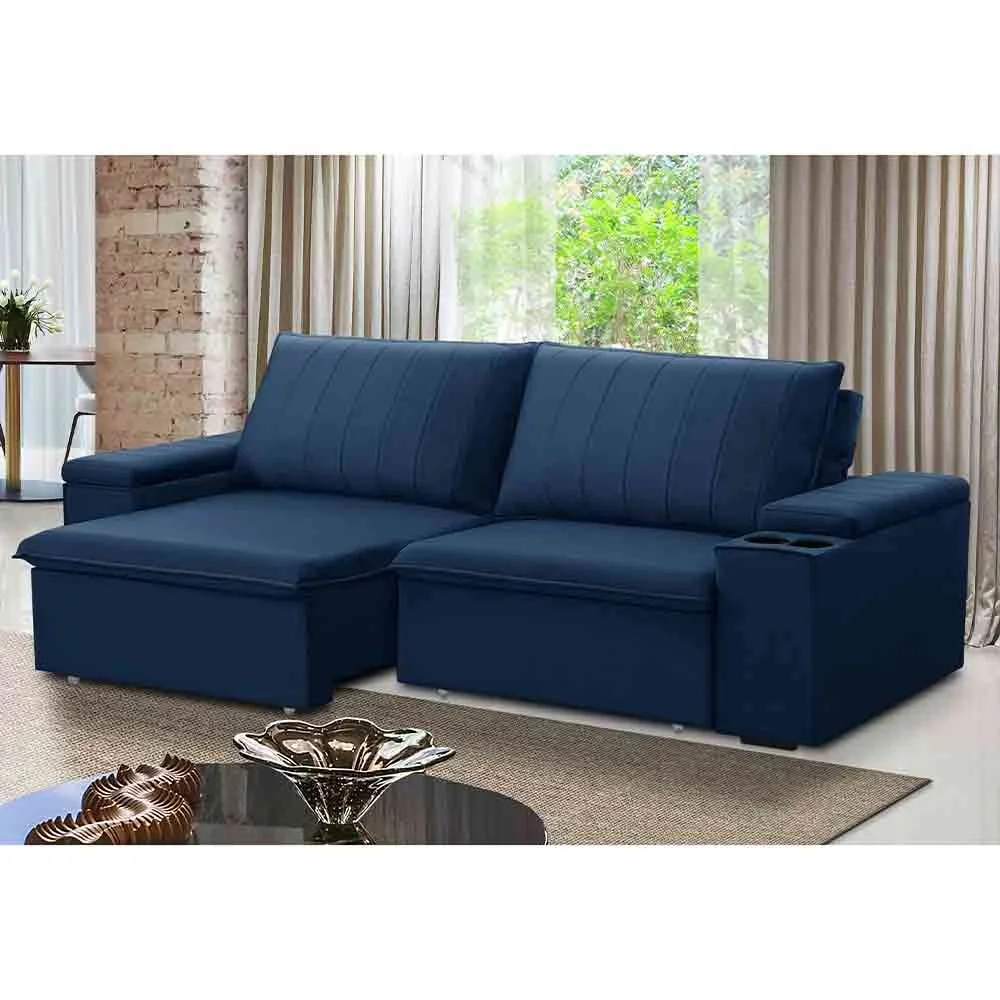 Sofá Retrátil Reclinável 3 Lugares 225cm Baluart F05 Veludo Azul - Mpozenato