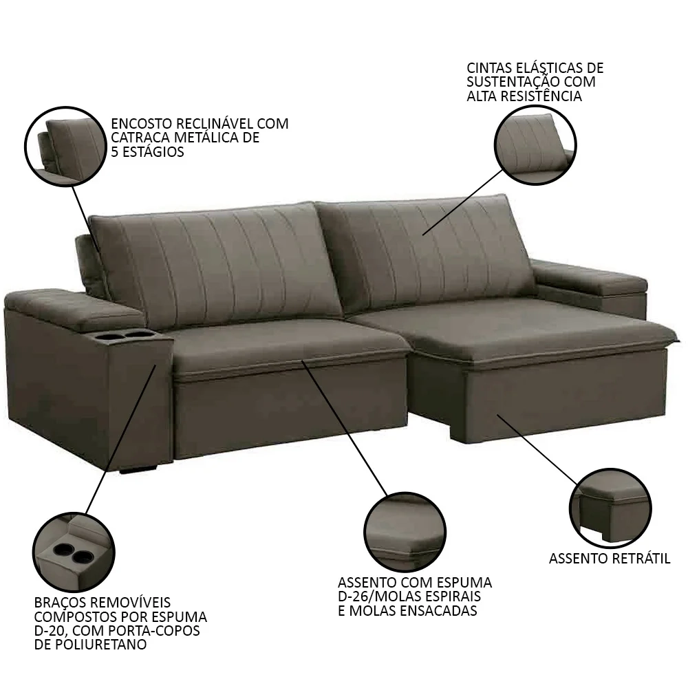 Sofá Retrátil Reclinável 3 Lugares 245cm Baluart F05 Veludo Castor - Mpozenato
