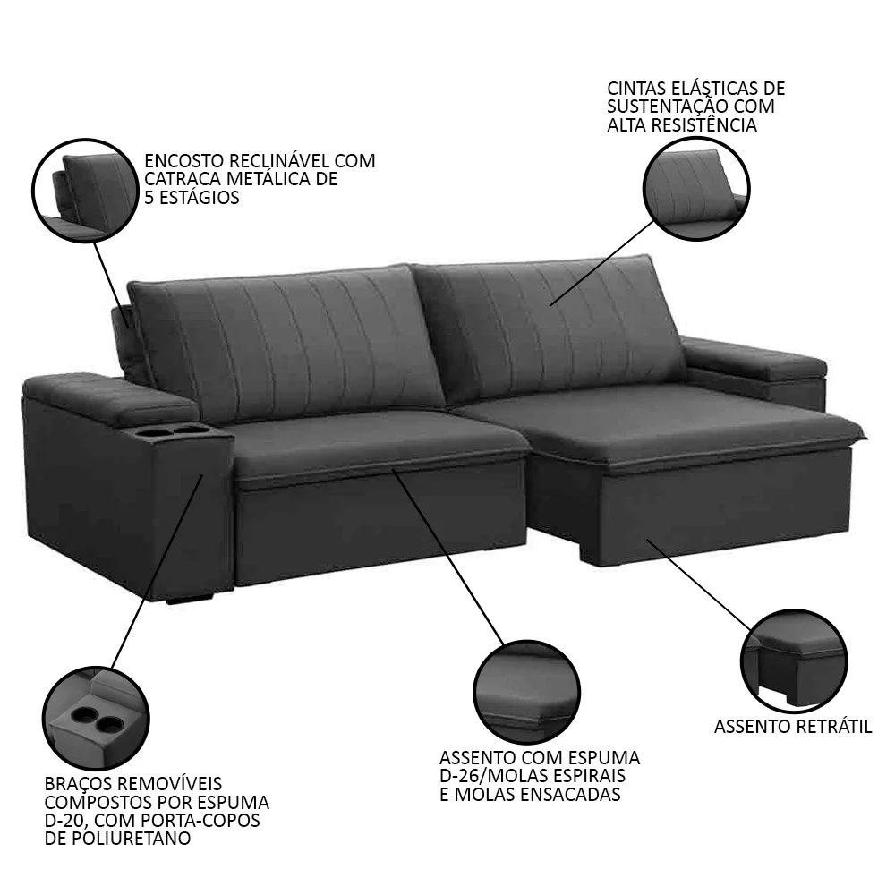 Sofá Retrátil Reclinável 3 Lugares 245cm Baluart F05 Veludo Grafite - Mpozenato