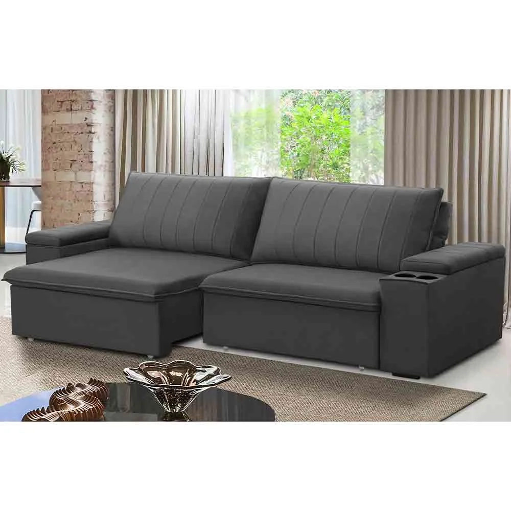 Sofá Retrátil Reclinável 3 Lugares 245cm Baluart F05 Veludo Grafite - Mpozenato
