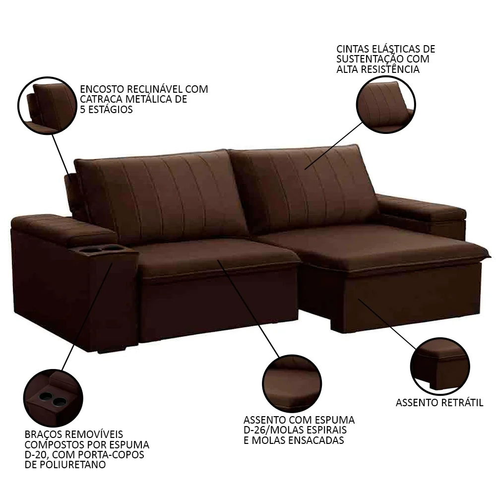 Sofá Retrátil Reclinável 3 Lugares 225cm Baluart F05 Veludo Marrom - Mpozenato