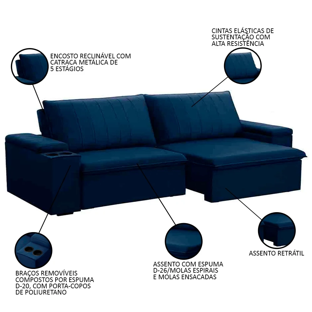 Sofá Retrátil Reclinável 3 Lugares 245cm Baluart F05 Veludo Azul - Mpozenato
