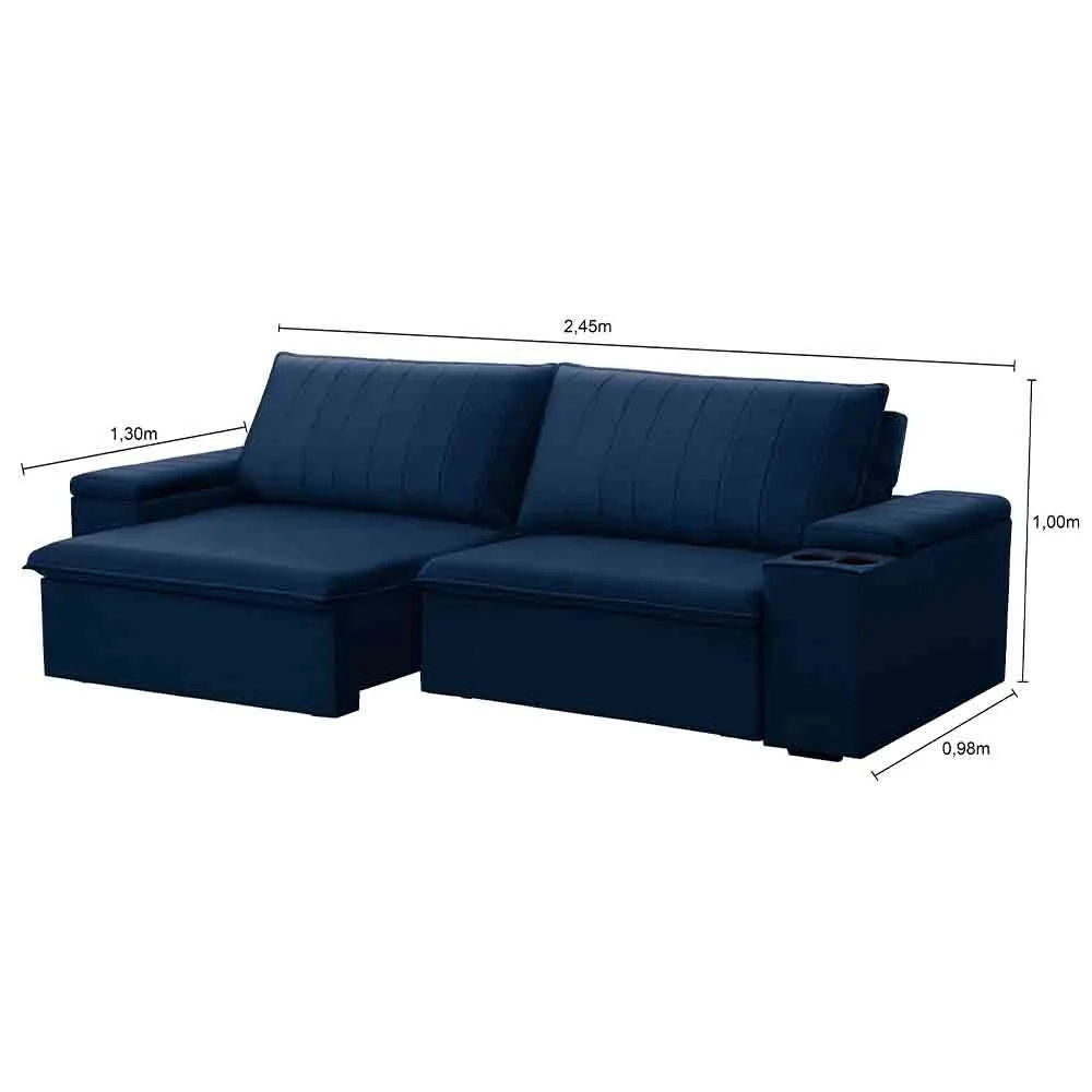 Sofá Retrátil Reclinável 3 Lugares 245cm Baluart F05 Veludo Azul - Mpozenato
