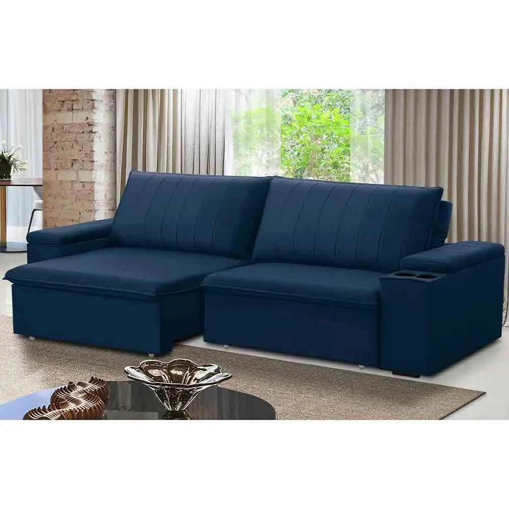 Sofá Retrátil Reclinável 3 Lugares 245cm Baluart F05 Veludo Azul - Mpozenato