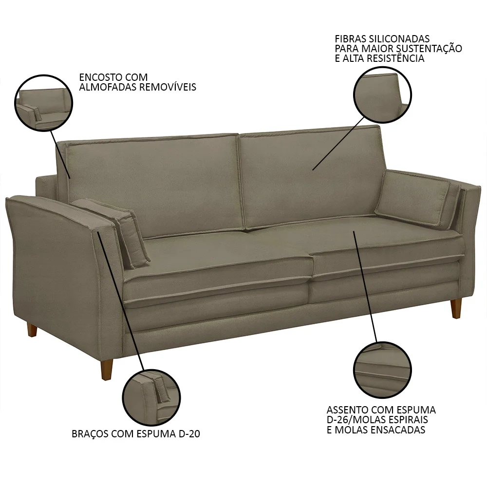 Sofá Living 3 Lugares 200cm Pés Madeira Efraim F05 Veludo Castor - Mpozenato