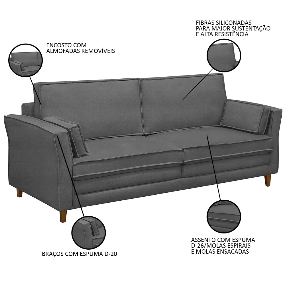 Sofá Living 3 Lugares 200cm Pés Madeira Efraim F05 Veludo Grafite - Mpozenato