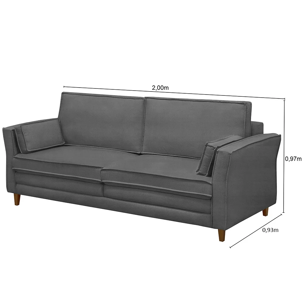 Sofá Living 3 Lugares 200cm Pés Madeira Efraim F05 Veludo Grafite - Mpozenato