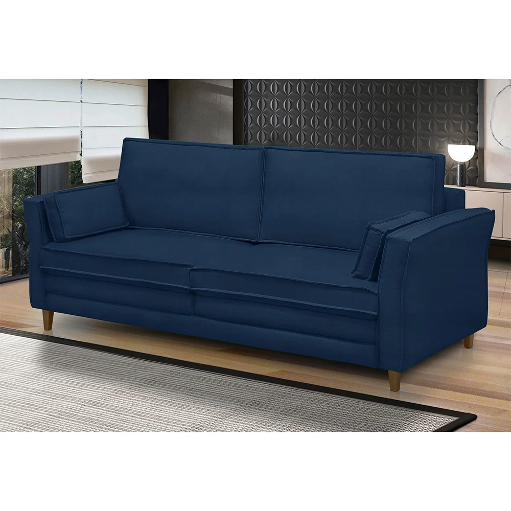 Sofá Living 3 Lugares 200cm Pés Madeira Efraim F05 Veludo Azul - Mpozenato