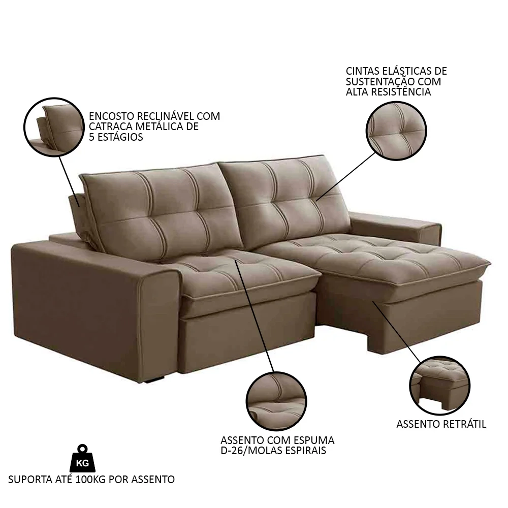 Sofá Retrátil Reclinável 3 Lugares 210cm Argon F05 Veludo Castor - Mpozenato