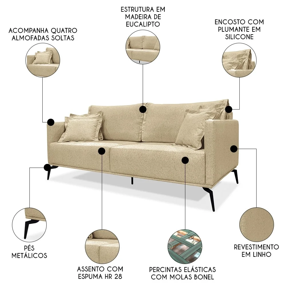 Sofá 3 Lugares 220cm Pés de Metal Vecchia S06 Linho Dourado - Mpozenato