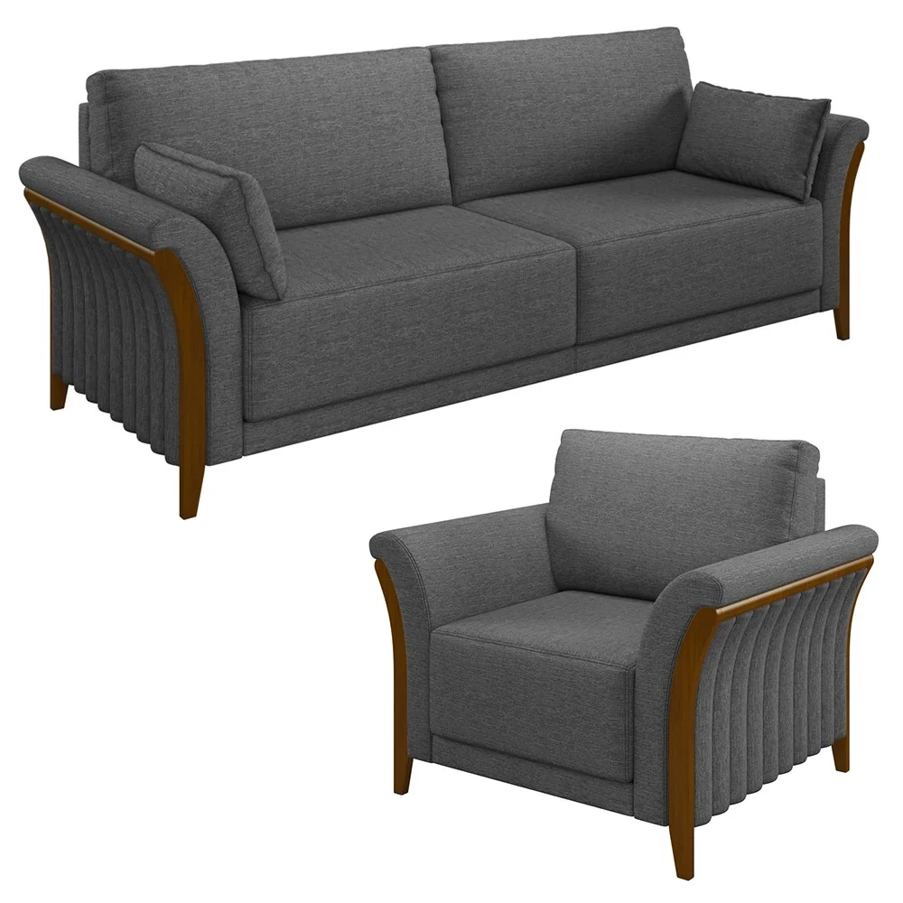 Kit Sofá Living 3 Lugares e Poltrona 102cm Pés Madeira Roya Z32 Linho Cinza Escuro - Mpozenato
