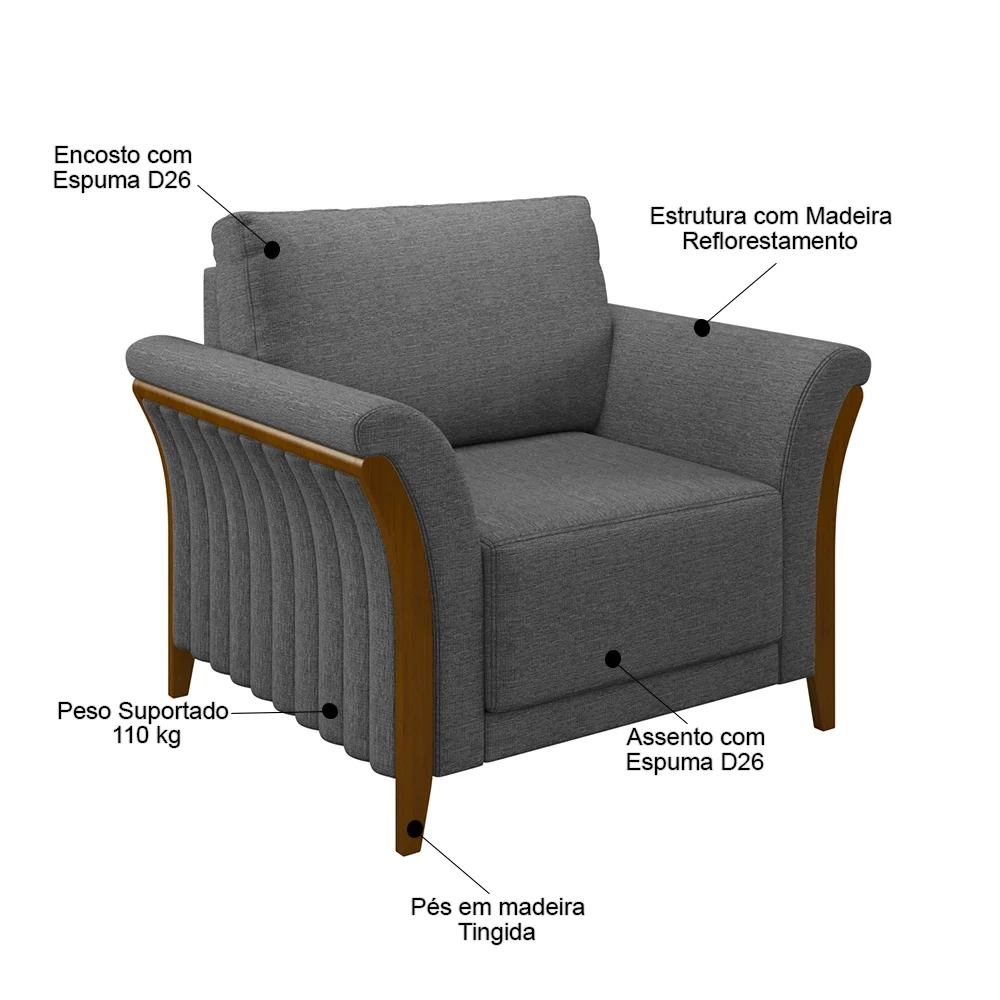 Kit Sofá Living 3 Lugares e Poltrona 102cm Pés Madeira Roya Z32 Linho Cinza Escuro - Mpozenato