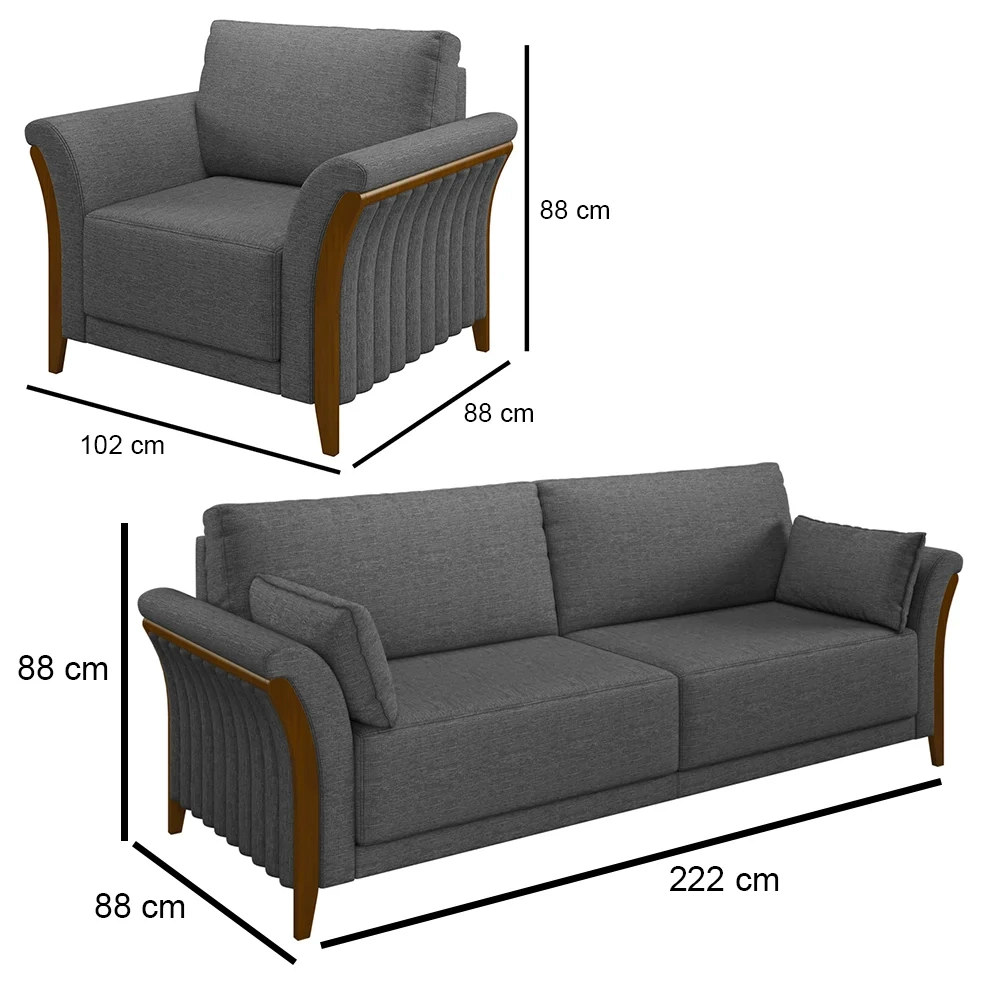 Kit Sofá Living 3 Lugares e Poltrona 102cm Pés Madeira Roya Z32 Linho Cinza Escuro - Mpozenato