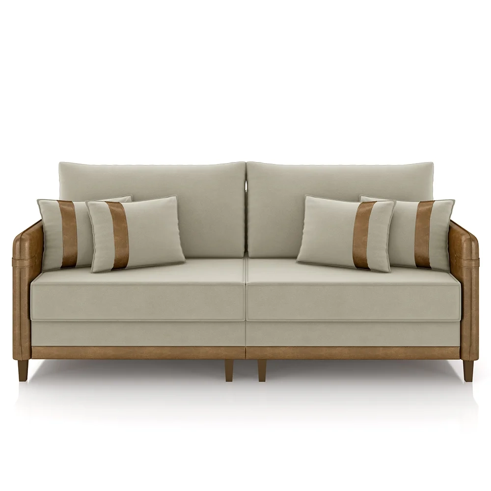 Sofá 3 Lugares Living 232cm Zoe Z08 Veludo Bege/Marrom - Mpozenato