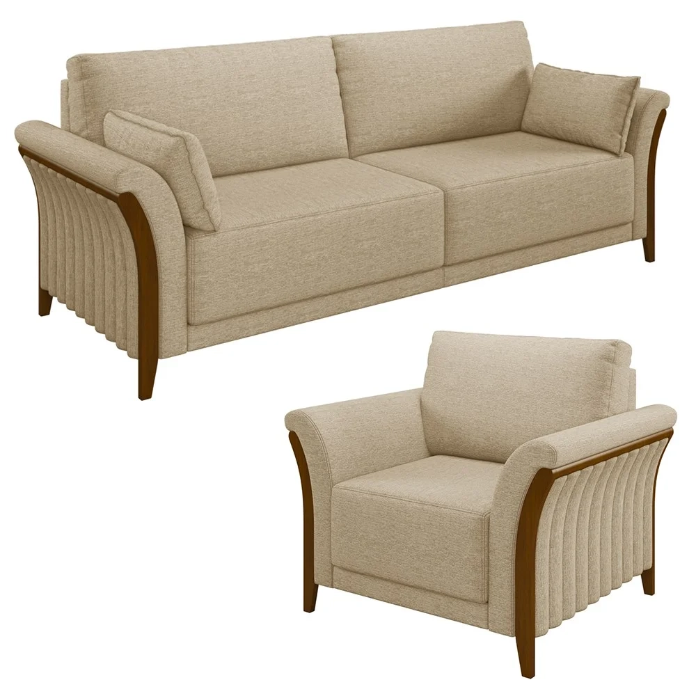 Kit Sofá Living 3 Lugares e Poltrona 102cm Pés Madeira Roya Z32 Linho Bege - Mpozenato