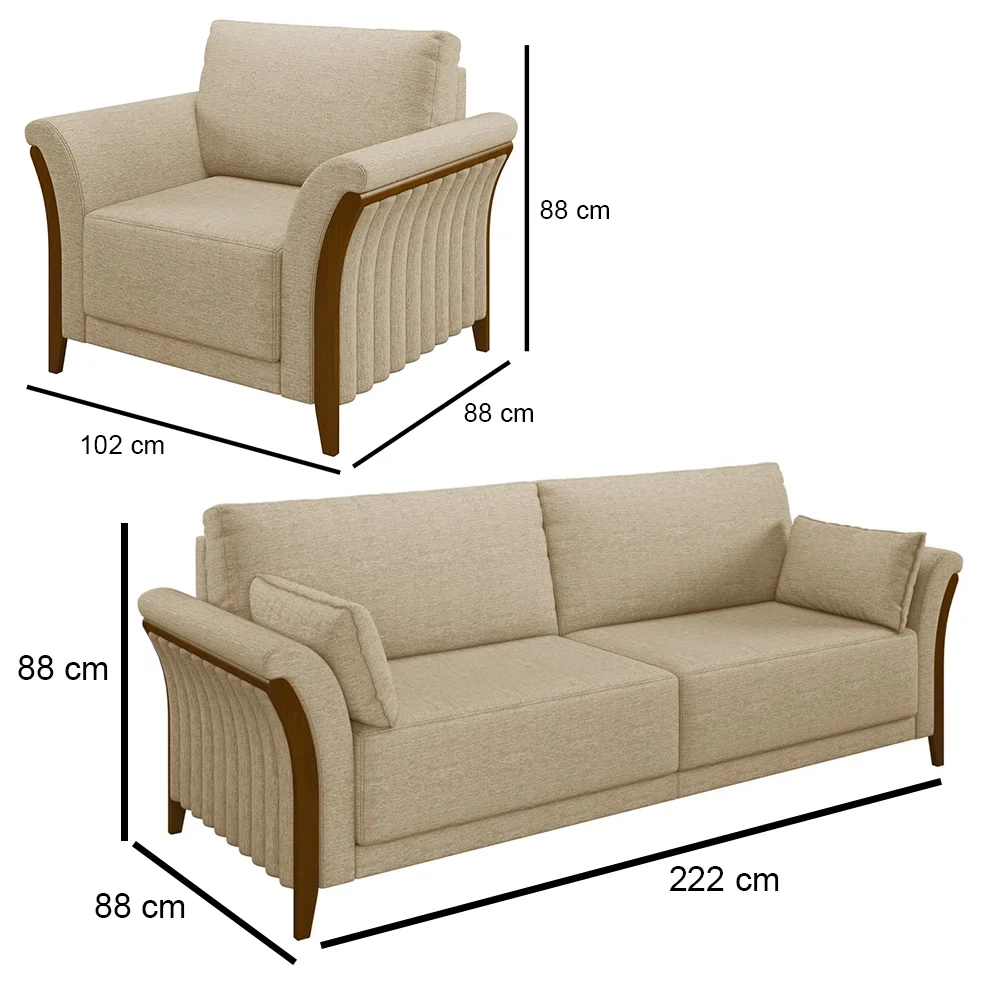 Kit Sofá Living 3 Lugares e Poltrona 102cm Pés Madeira Roya Z32 Linho Bege - Mpozenato