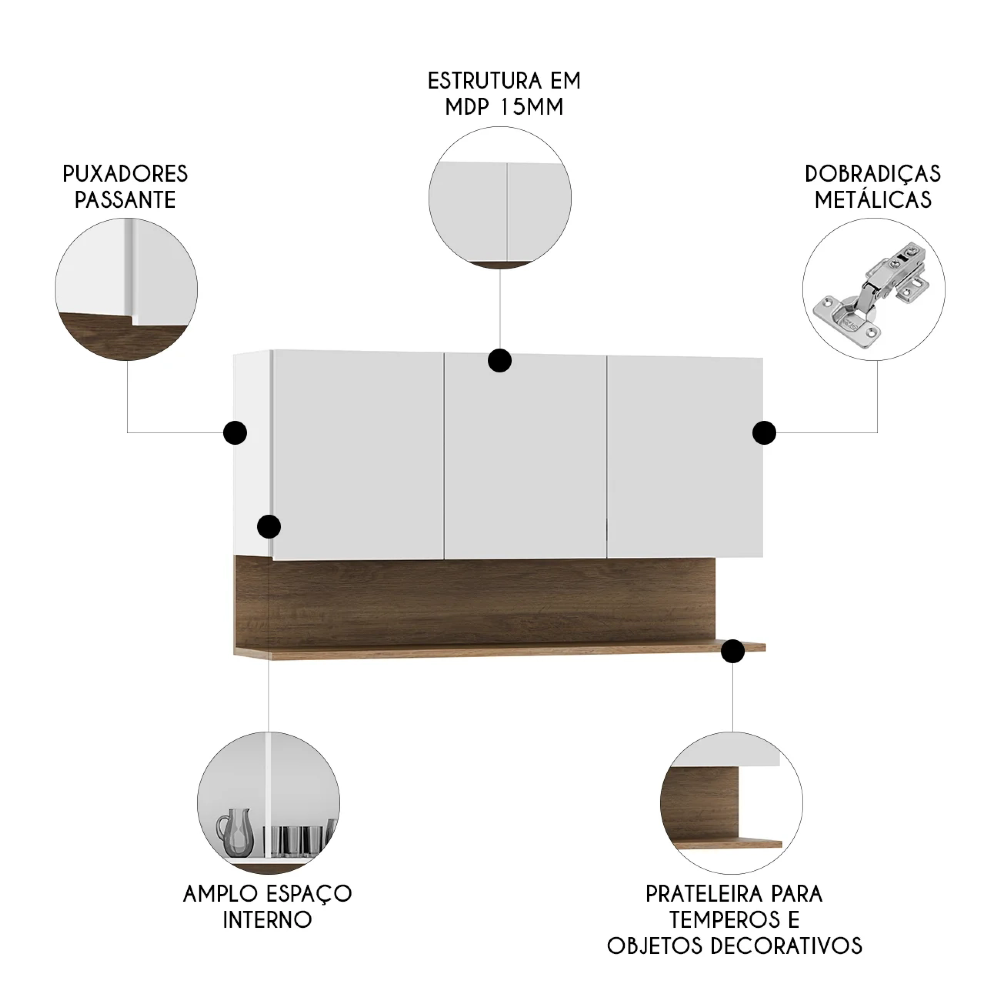 Armário de Cozinha Aéreo 118cm 3 Portas Duda Z34 Branco/Freijó - Mpozenato