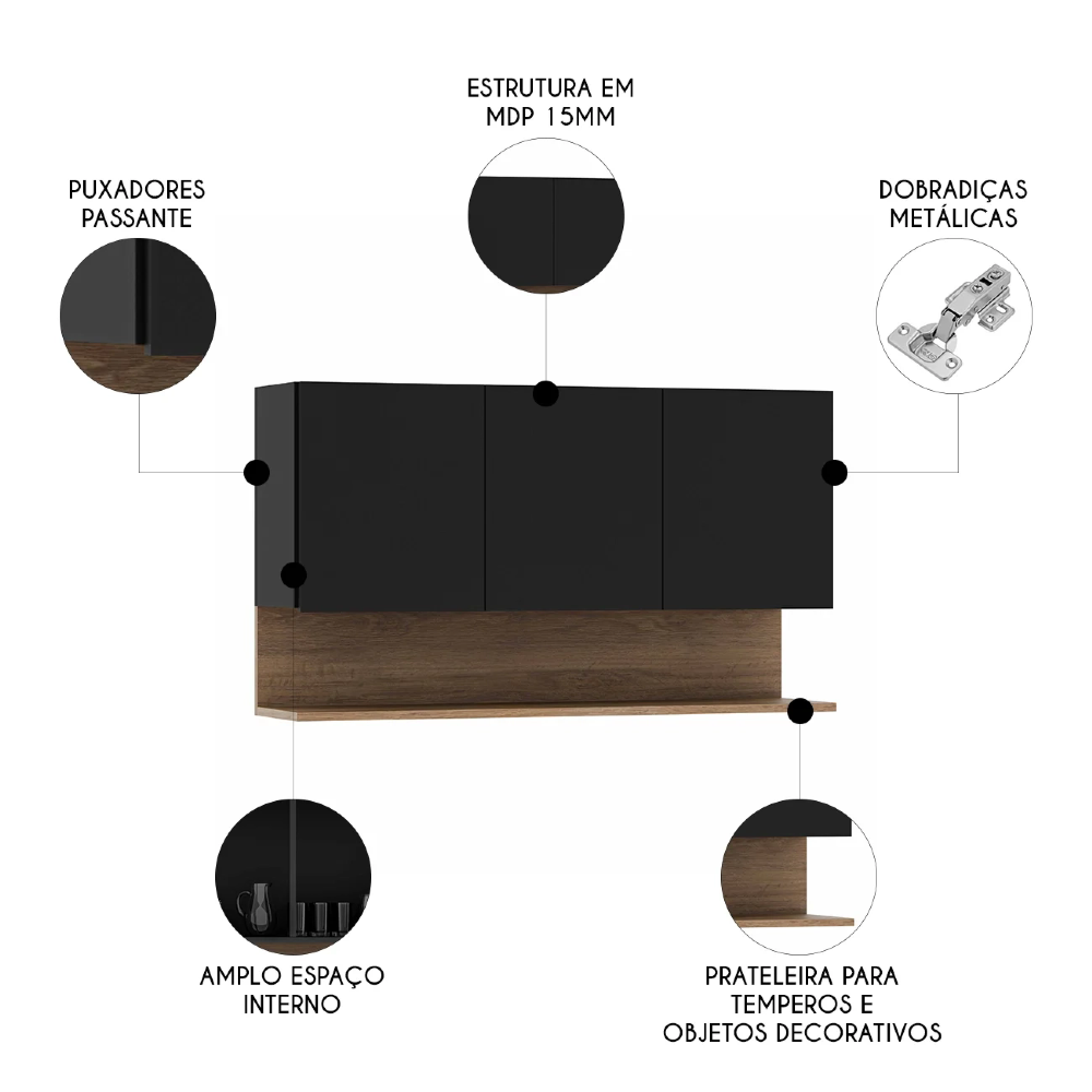 Armário de Cozinha Aéreo 118cm 3 Portas Duda Z34 Preto/Freijó - Mpozenato
