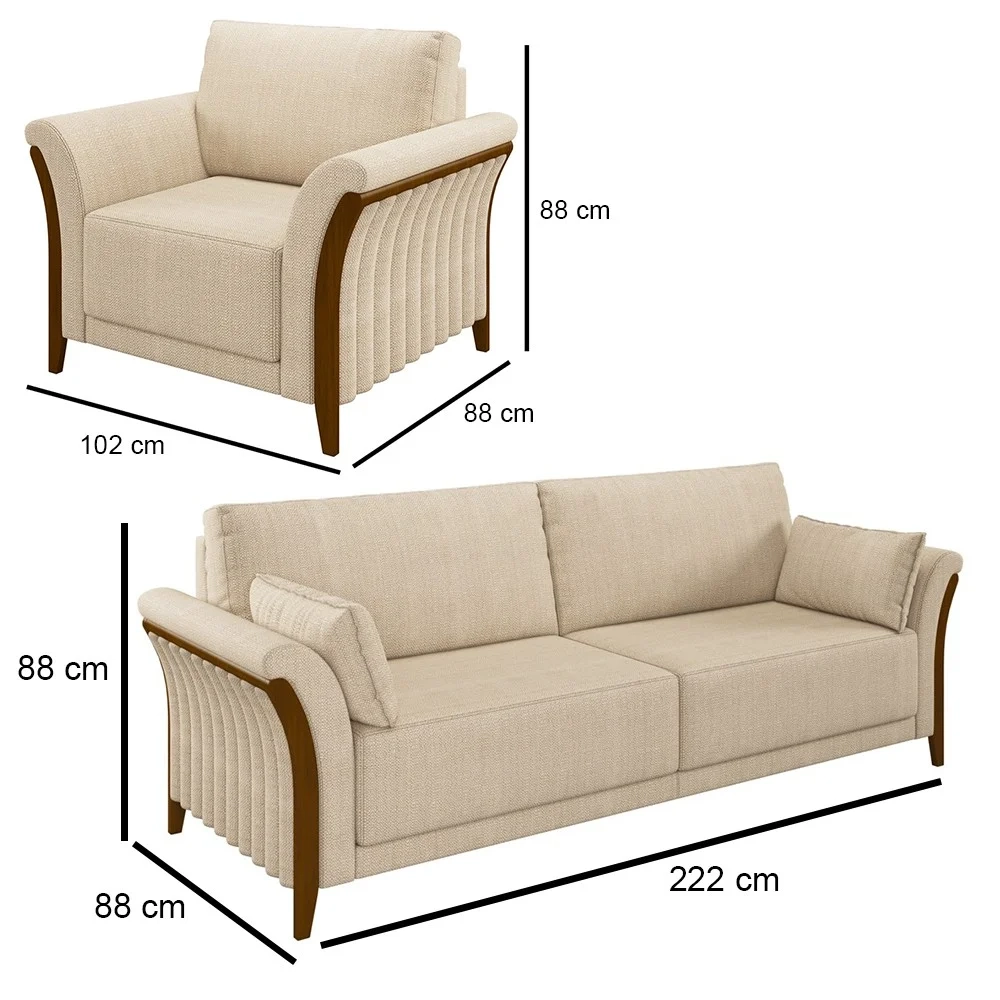 Kit Sofá Living 3 Lugares e Poltrona 102cm Pés Madeira Roya Z32 Linho Champanhe - Mpozenato