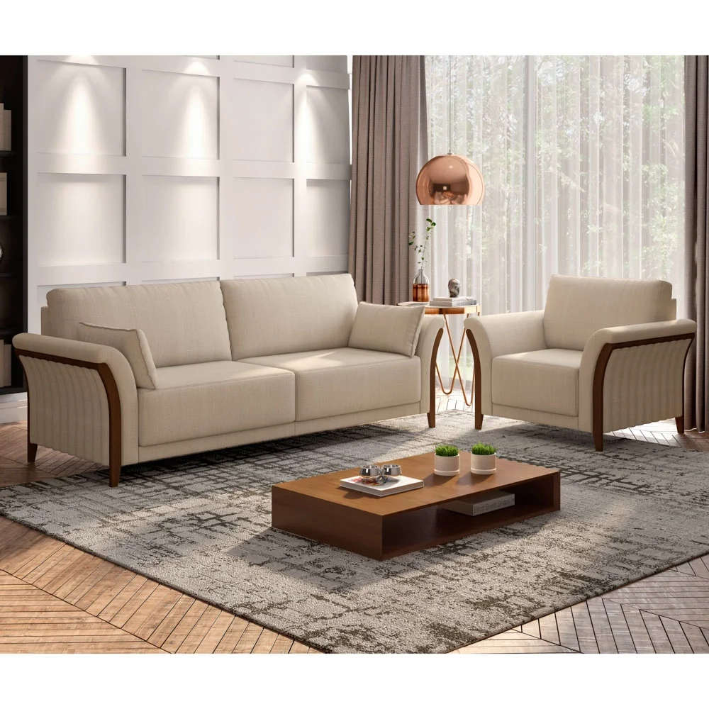 Kit Sofá Living 3 Lugares e Poltrona 102cm Pés Madeira Roya Z32 Linho Champanhe - Mpozenato
