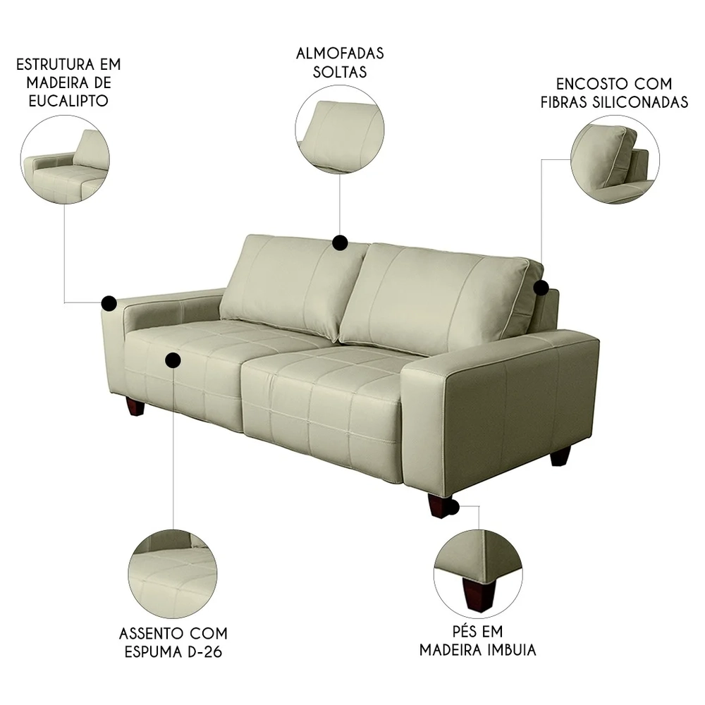 Sofá 3 Lugares Living Pés Madeira 220cm Phill S07 Couro Off - Mpozenato