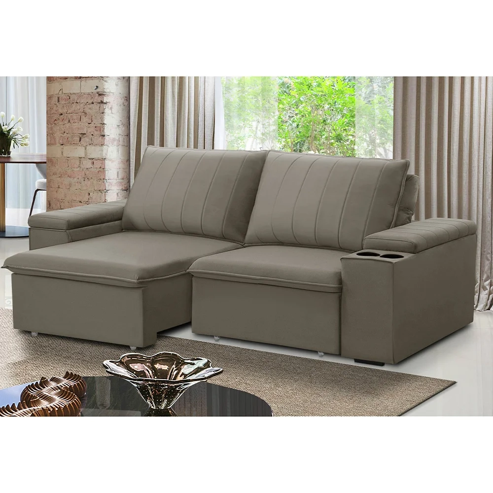 Sofá Retrátil Reclinável 3 Lugares 205cm Baluart F05 Veludo Castor - Mpozenato