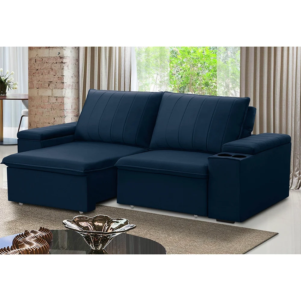 Sofá Retrátil Reclinável 3 Lugares 205cm Baluart F05 Veludo Azul - Mpozenato