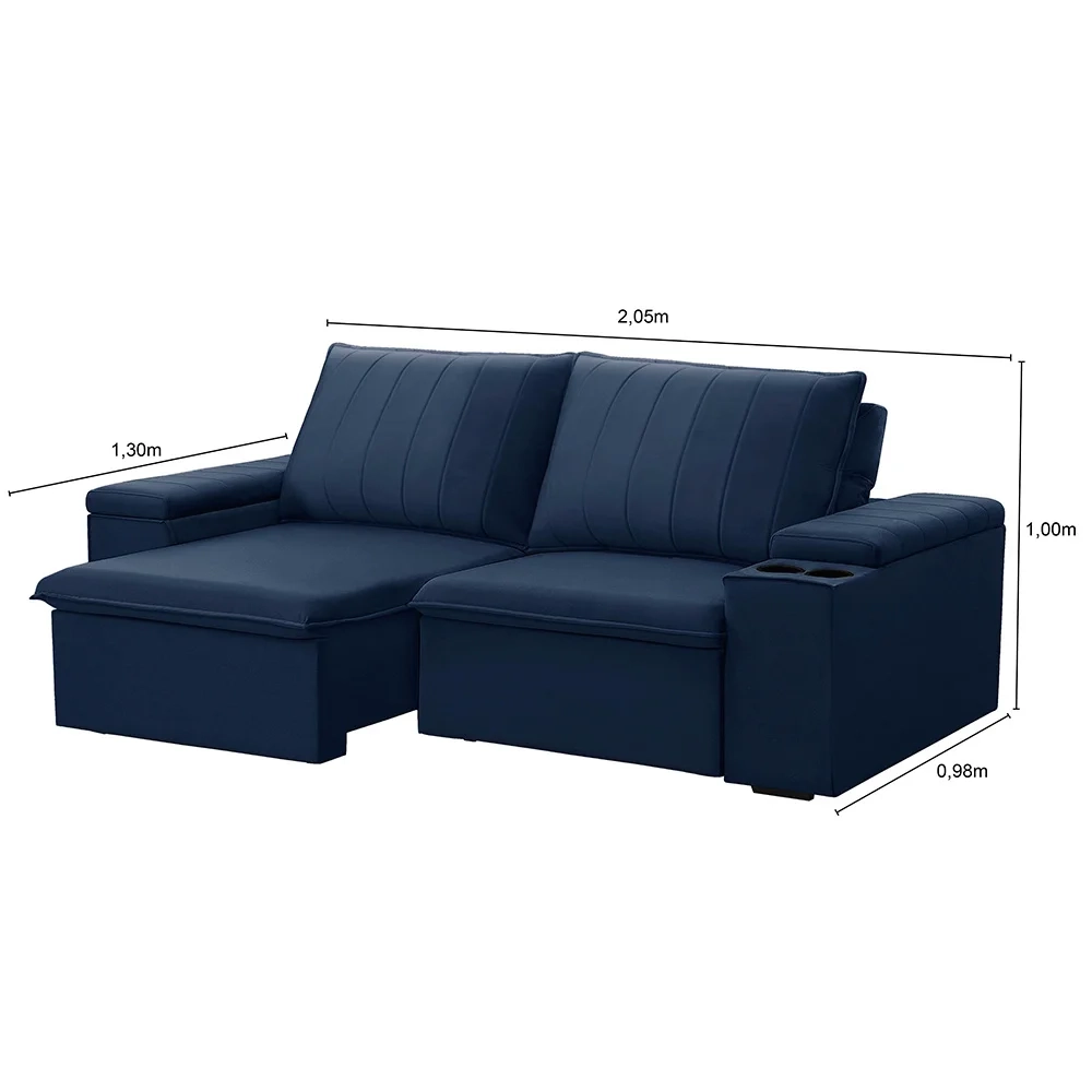Sofá Retrátil Reclinável 3 Lugares 205cm Baluart F05 Veludo Azul - Mpozenato