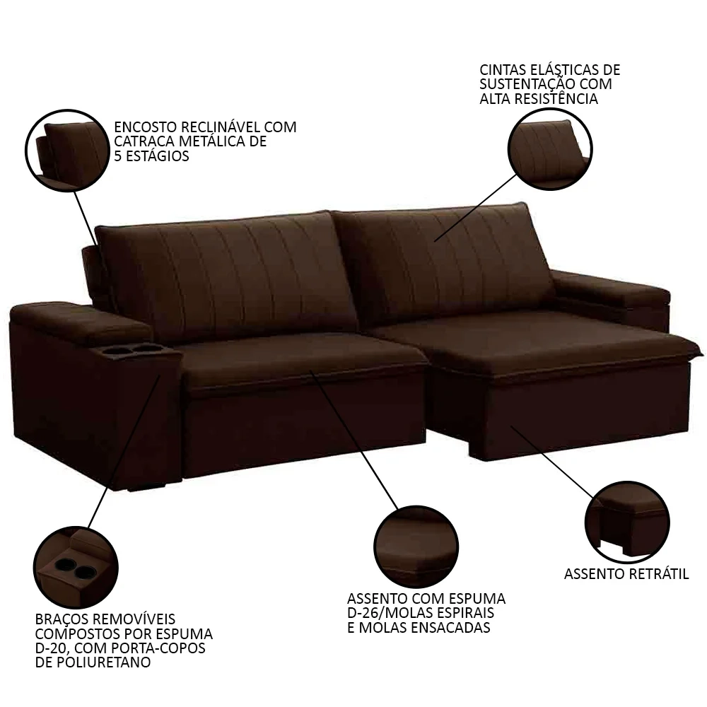 Sofá Retrátil Reclinável 3 Lugares 205cm Baluart F05 Veludo Marrom - Mpozenato